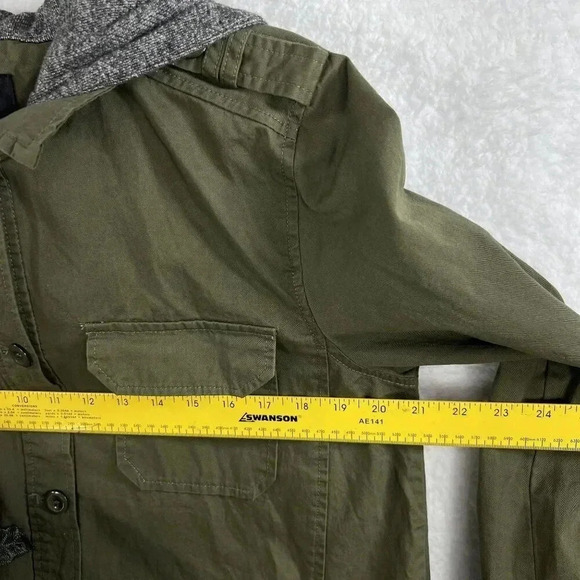 Active USA NWT Lg Hooded Utility Jacket Floral Patch Military Army Green Shacket - Picture 12 of 16